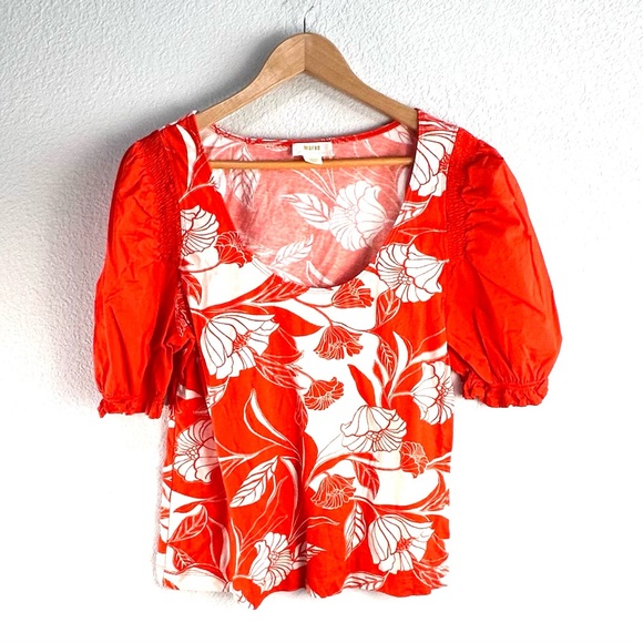 Anthropologie Tops - Anthropologie Red & White Floral Puff-Sleeve Top